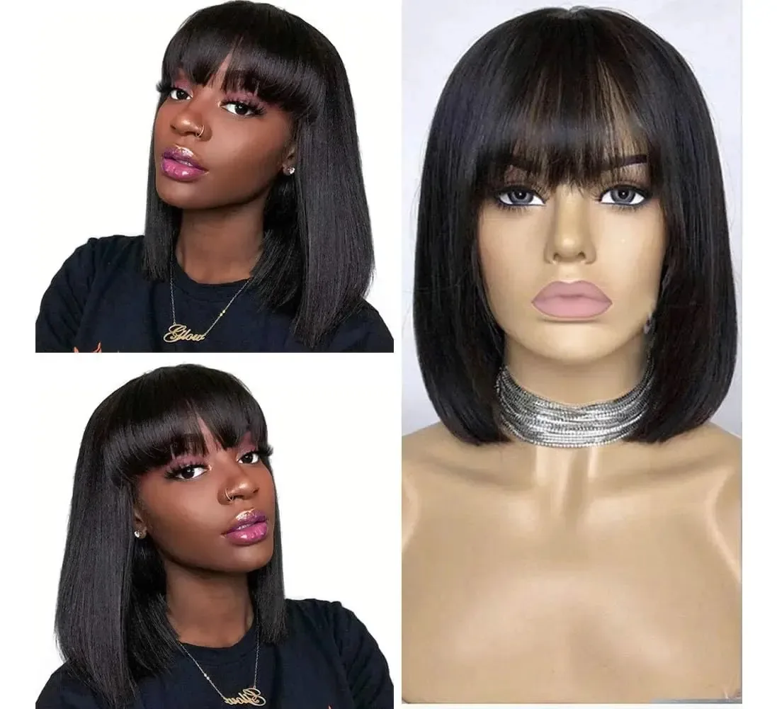 Perucas de cabelo humano com franja, peruca Bob, cabelo humano, liso e curto, com franja, liso, sem renda na frente, perucas de cabelo humano totalmente usinadas, podem ser feitas