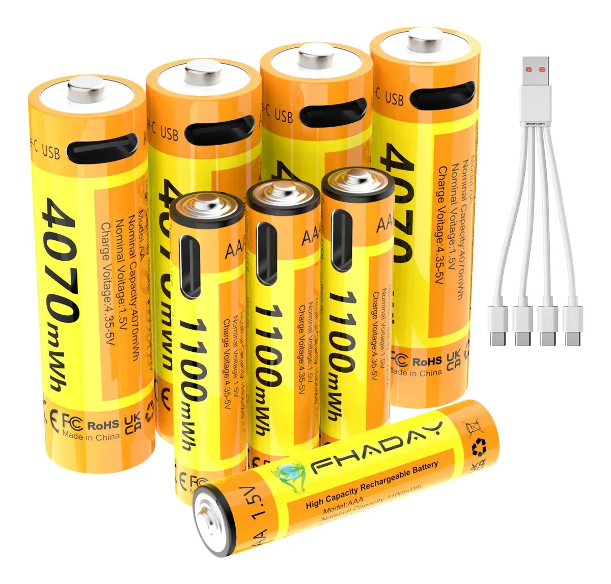 Kit de 4 pilhas Aaa de íon de lítio (1100mWh 1,5 V) e 4 pilhas Aa de íon de lítio (4070mWh 1,5 V) com tipo C e USB, para brinquedos, consoles de videogame, lâmpadas, fechaduras inteligentes, mouses...