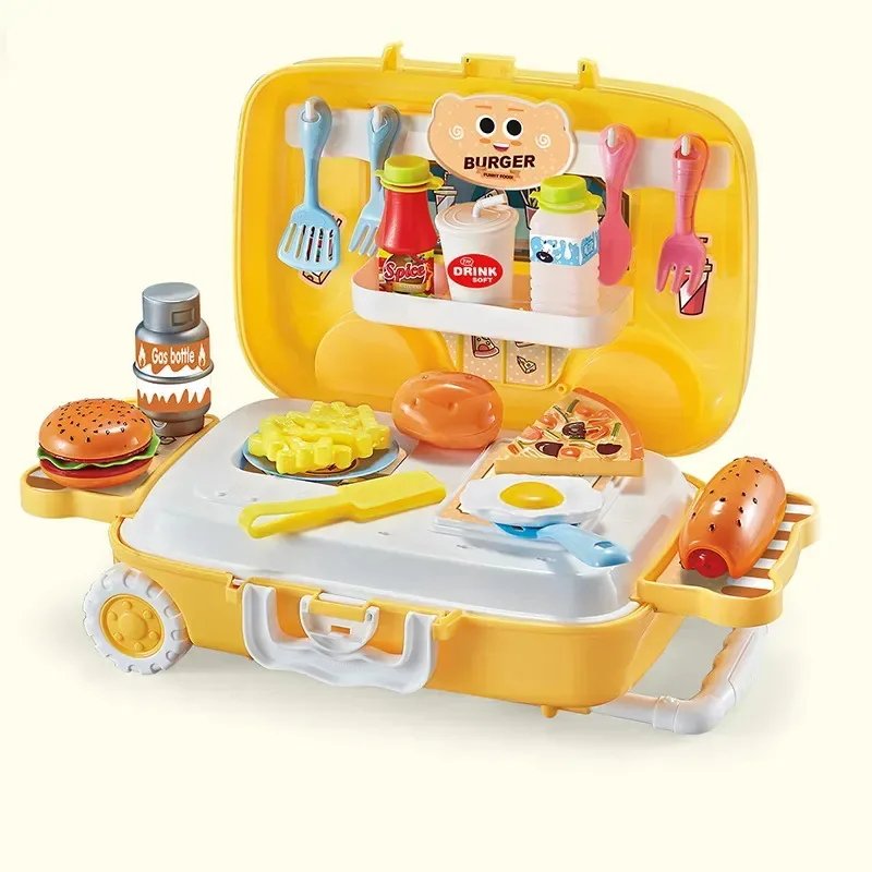 Conjunto de brinquedos de cozinha de hambúrguer de 18 peças, estojo para crianças, amarelo