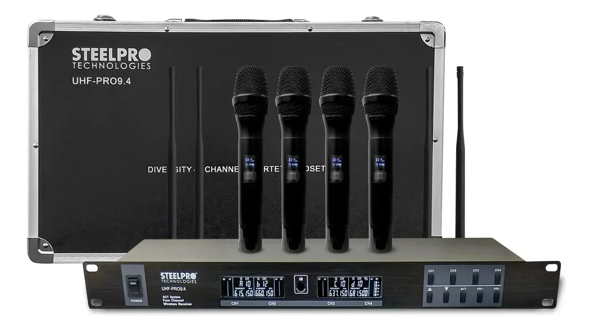 Microfones UHF profissionais Steelpro, frequência multicanal, pretos