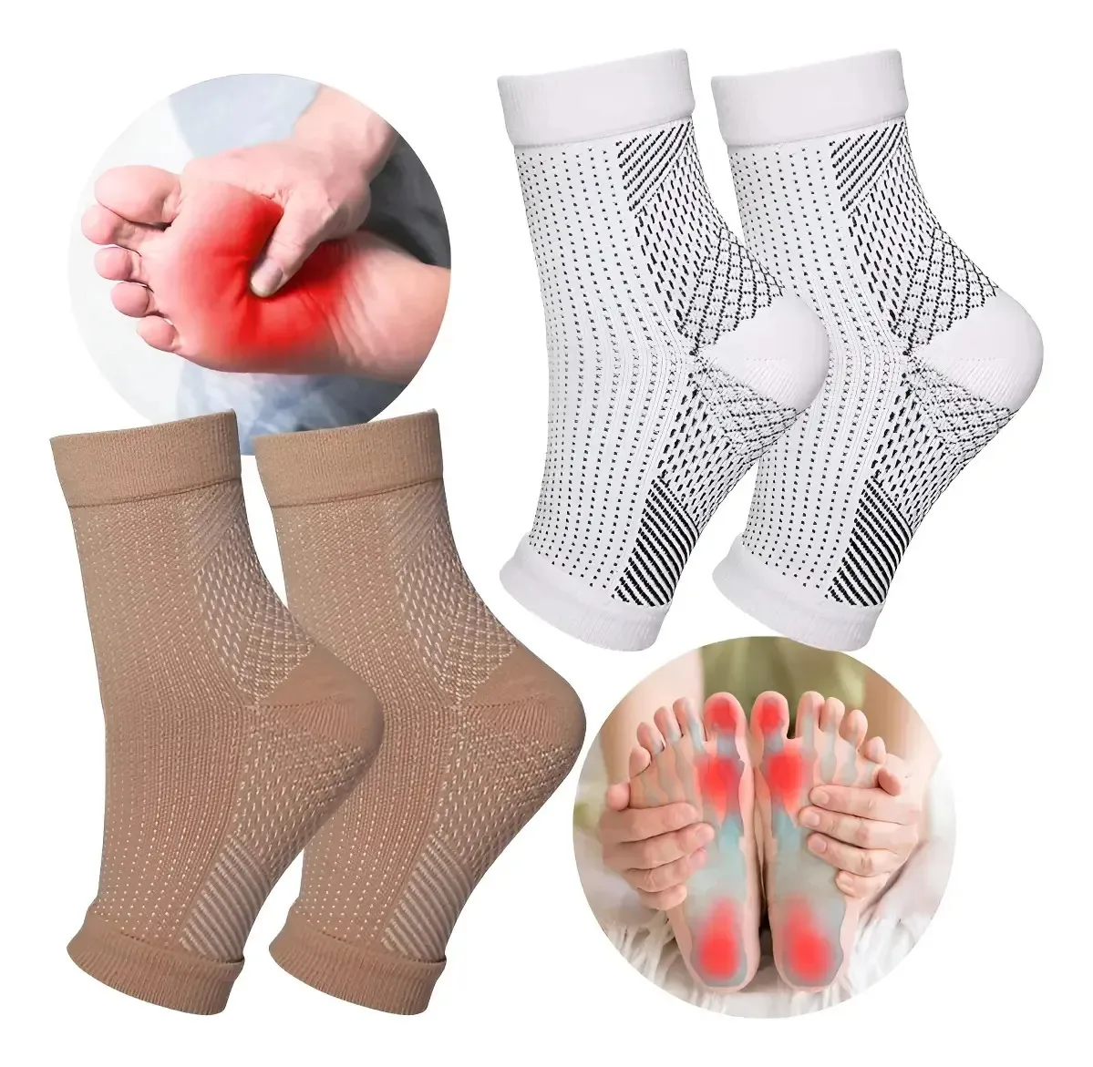 Meias de compressão plantar para fascite do pé, tornozeleiras, 2 pares, tamanho branco/bege L/XL