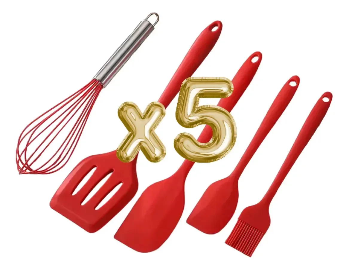 Conjunto de 5 utensílios de cozinha de silicone de alta qualidade, cor resistente: vermelho