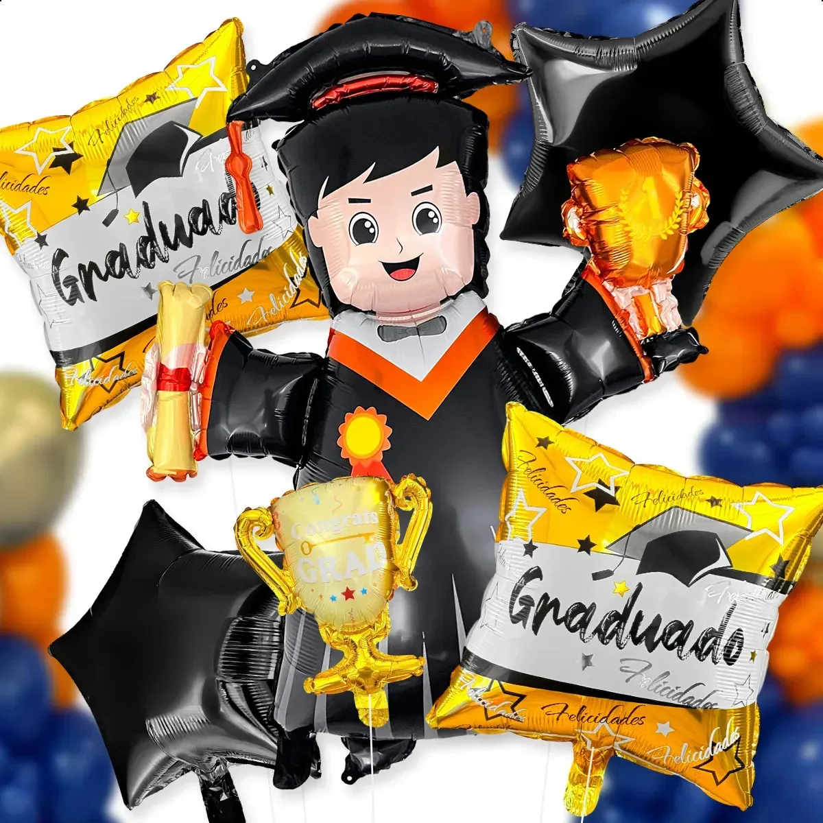 Kit de 6 balões de troféu graduados decora a cerimônia de formatura em preto