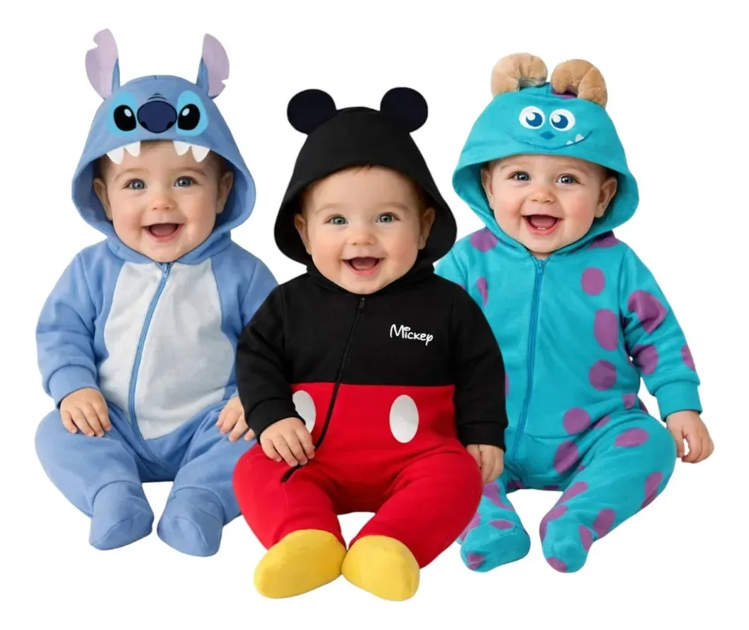 Conjunto de 3 macacões Disney Sulley, Mickey Mouse, Stitch Color, multicolorido, tamanho 12 meses