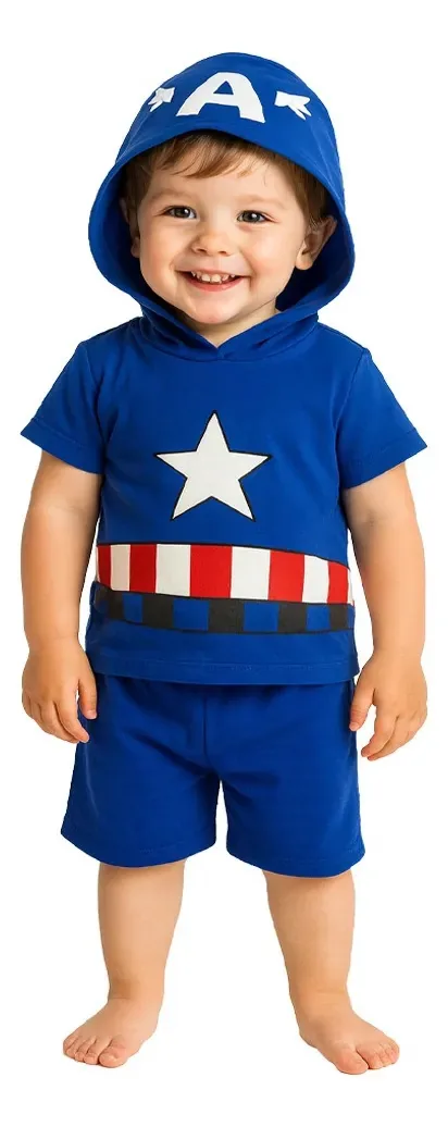 Conjunto de camisetas do Capitão América Marvel com chapéu e shorts cor azul tamanho 2 anos