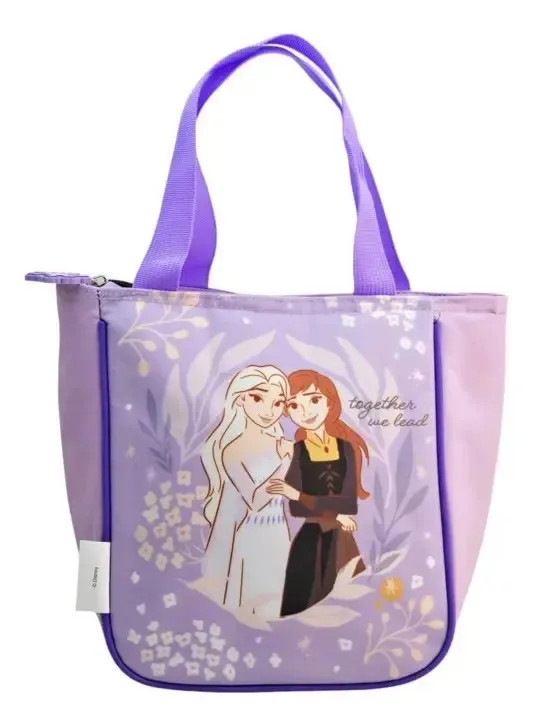 Lancheira estilo sacola com alça e fecho, personagens animados em cores congeladas