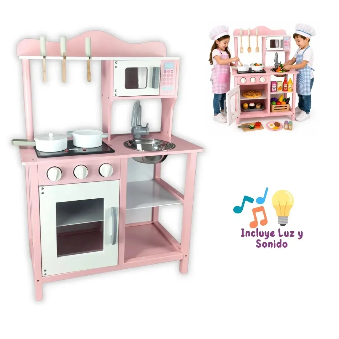 Cozinha de brinquedos rosa para meninas e meninos com luz e som no fogão | inclui 5 acessórios de madeira | Cozinha de madeira Teach Play | Cozinha infantil | Cozinha infantil | Cozinha infantil de...