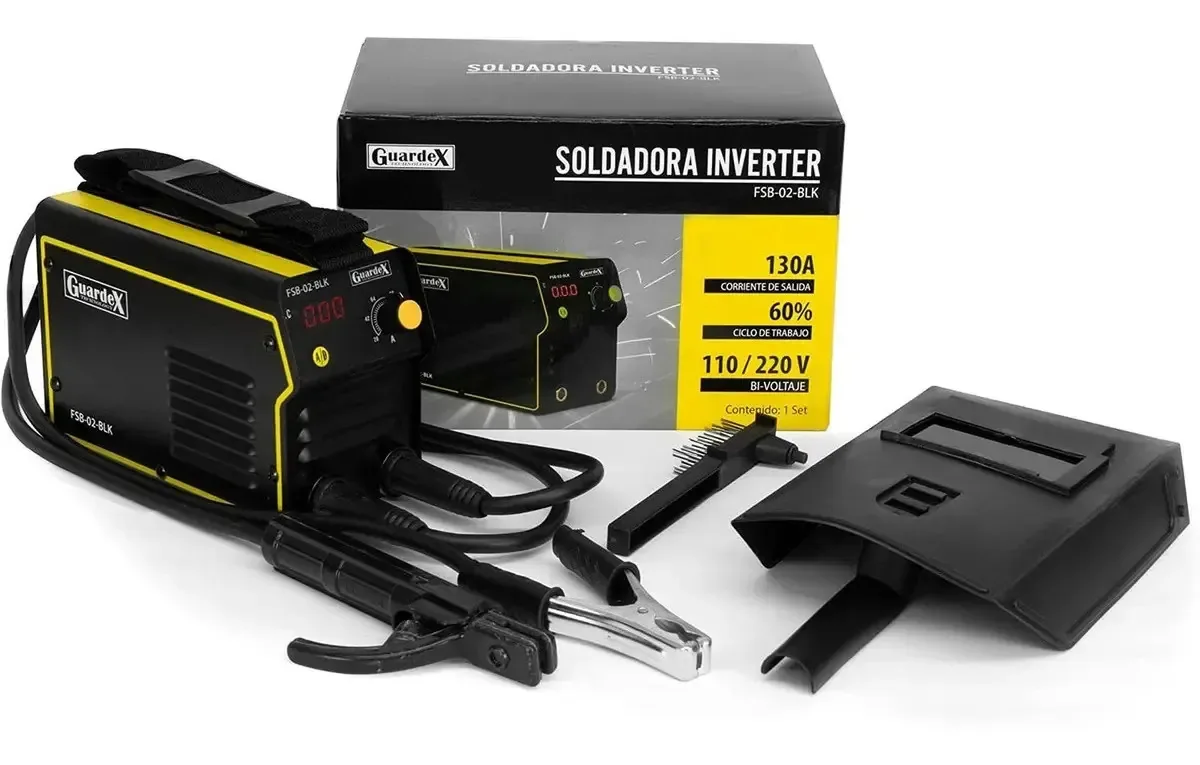 Máquina de solda inversora 130A 110/220V com cabos Guardex e máscara de solda.