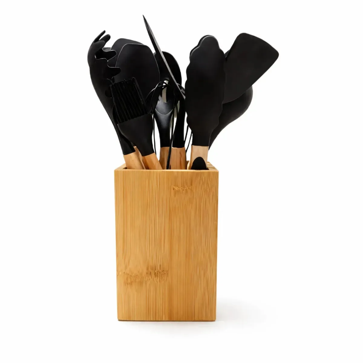 Good & Good — conjunto de 11 utensílios de cozinha de silicone com base de bambu Conjunto de utensílios de cozinha com alças de madeira, espátula, concha, pinça, batedor e muito mais, cor preta