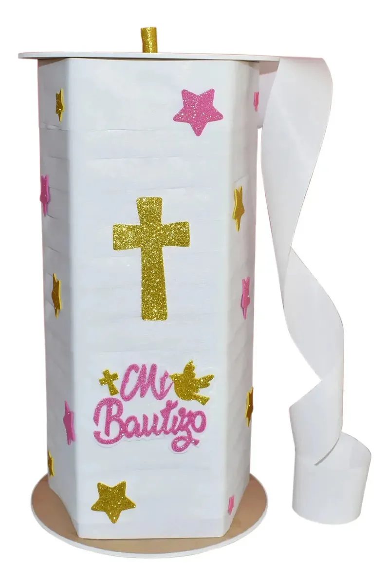 Pinata giratória de madeira reutilizável 50 cm Decorsan Pink Christening Baptism Swivel Girl 360 53 cm de largura