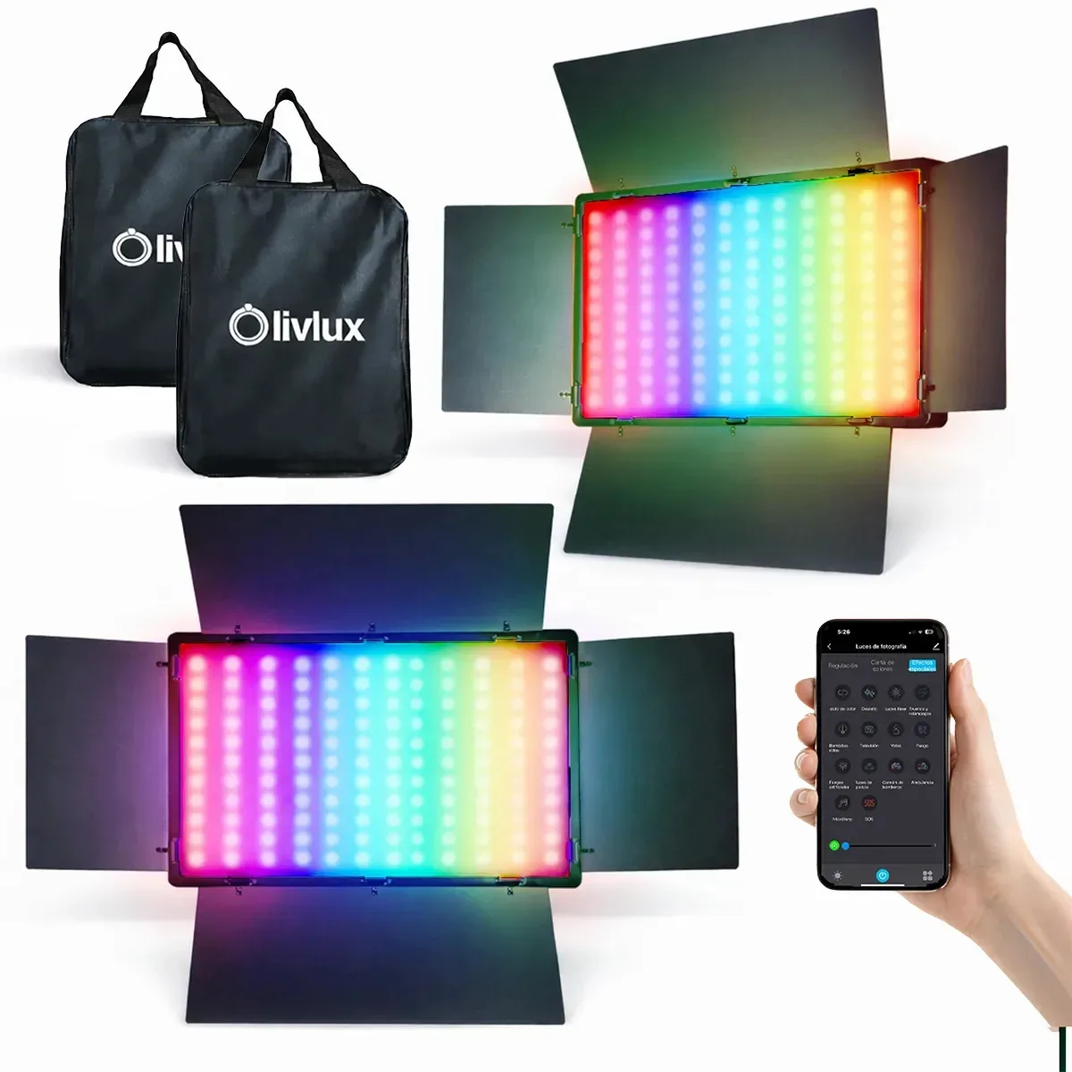 Kit de iluminação Livlux G800 + Painel LED para fotografia Rgb 40w + Inclui aplicação e bolsa de transporte + 27007200k + 2 peças + Estúdio fotográfico + Lâmpadas para gravação de vídeos + Conjunto...