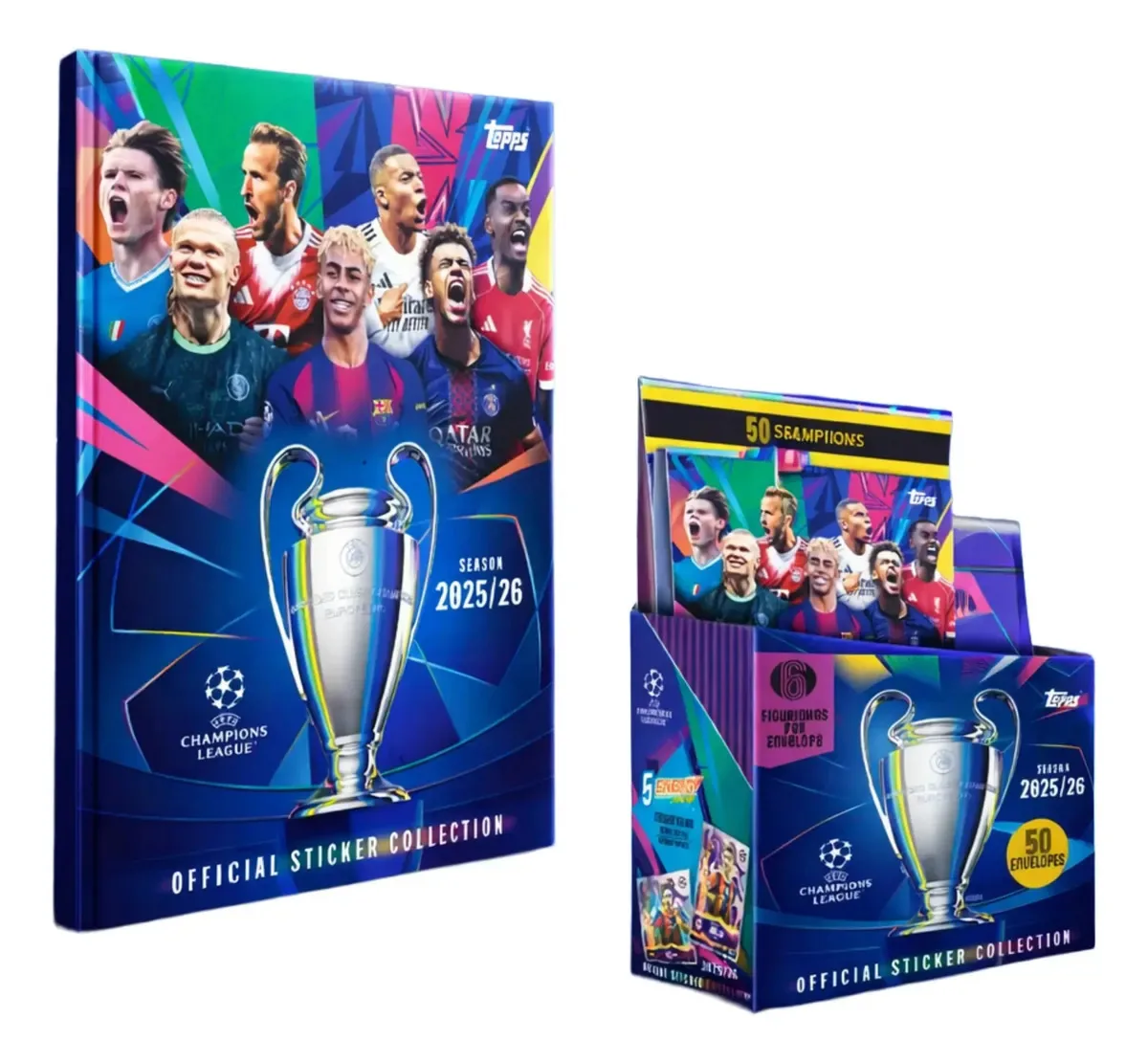 Conjunto de expositores Pd+ de álbuns da Liga dos Campeões com 50 envelopes