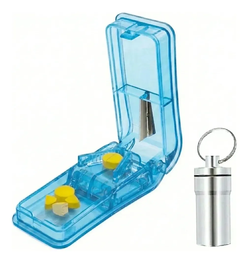 Kit de porta-comprimidos e cortador de comprimidos portátil azul