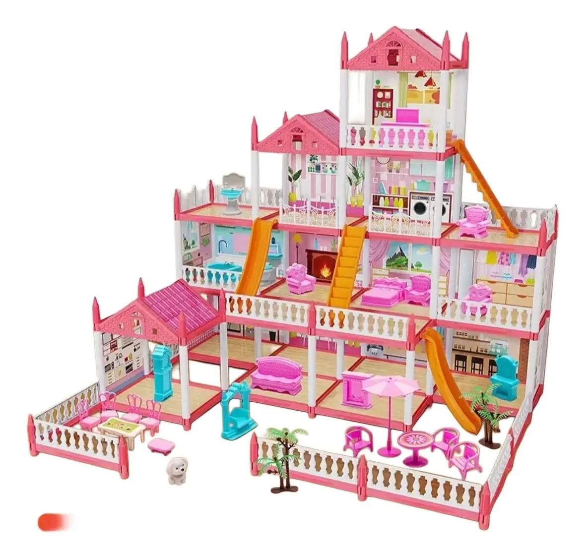 Grande casa de bonecas com mobília, 14 quartos, 2 bonecas rosa