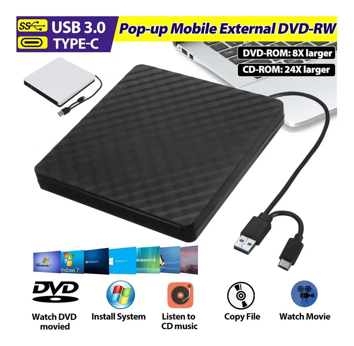 Gravador de DVD externo USB 3.0 tipo C e gravador de DVD Rw Unidade óptica DVD Rw Leitor de CD/DVD Mom Cs Os Windows Xp/7/8/10 (tamanho: prata)