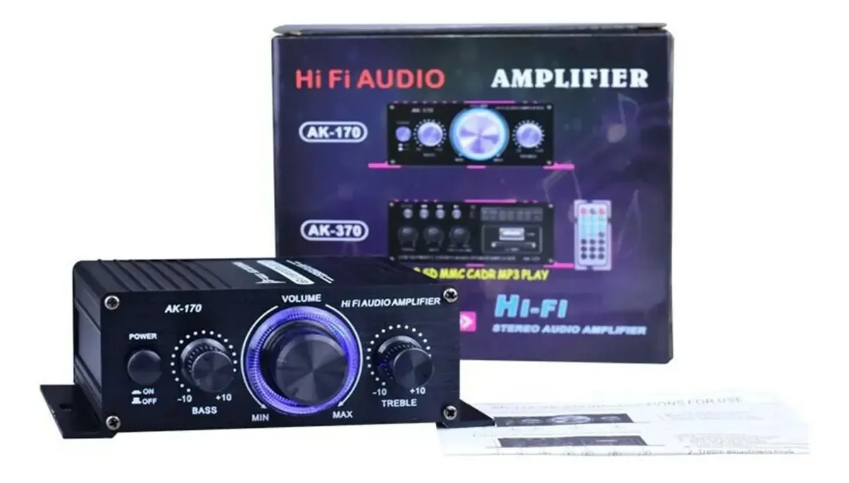 Amplificador de áudio, mini amplificador de potência de áudio Ak170 12v Receptor de áudio digital Amplificador duplo de 2 0w + 20w Controle triplo de volume baixo para casa. Uso para carro ou carro