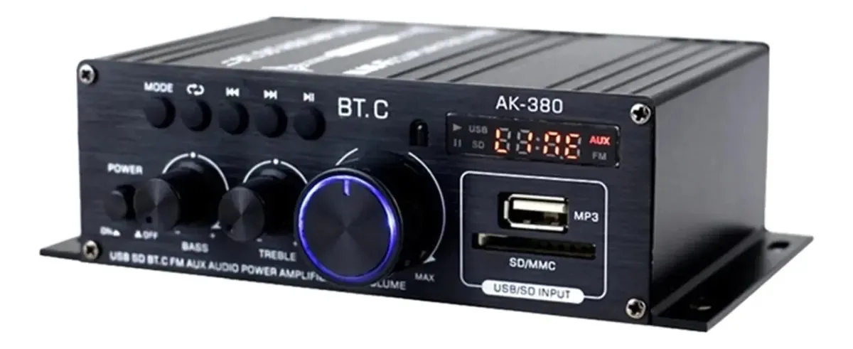 Amplificador de áudio, 40w* 2 Ak380 Bluetooth 5.0 Amplificadores de potência Hifi Stereo Home Car Audio Amplificador de som digital de 12v Bass Fm Radio Music Player para carro ou casa
