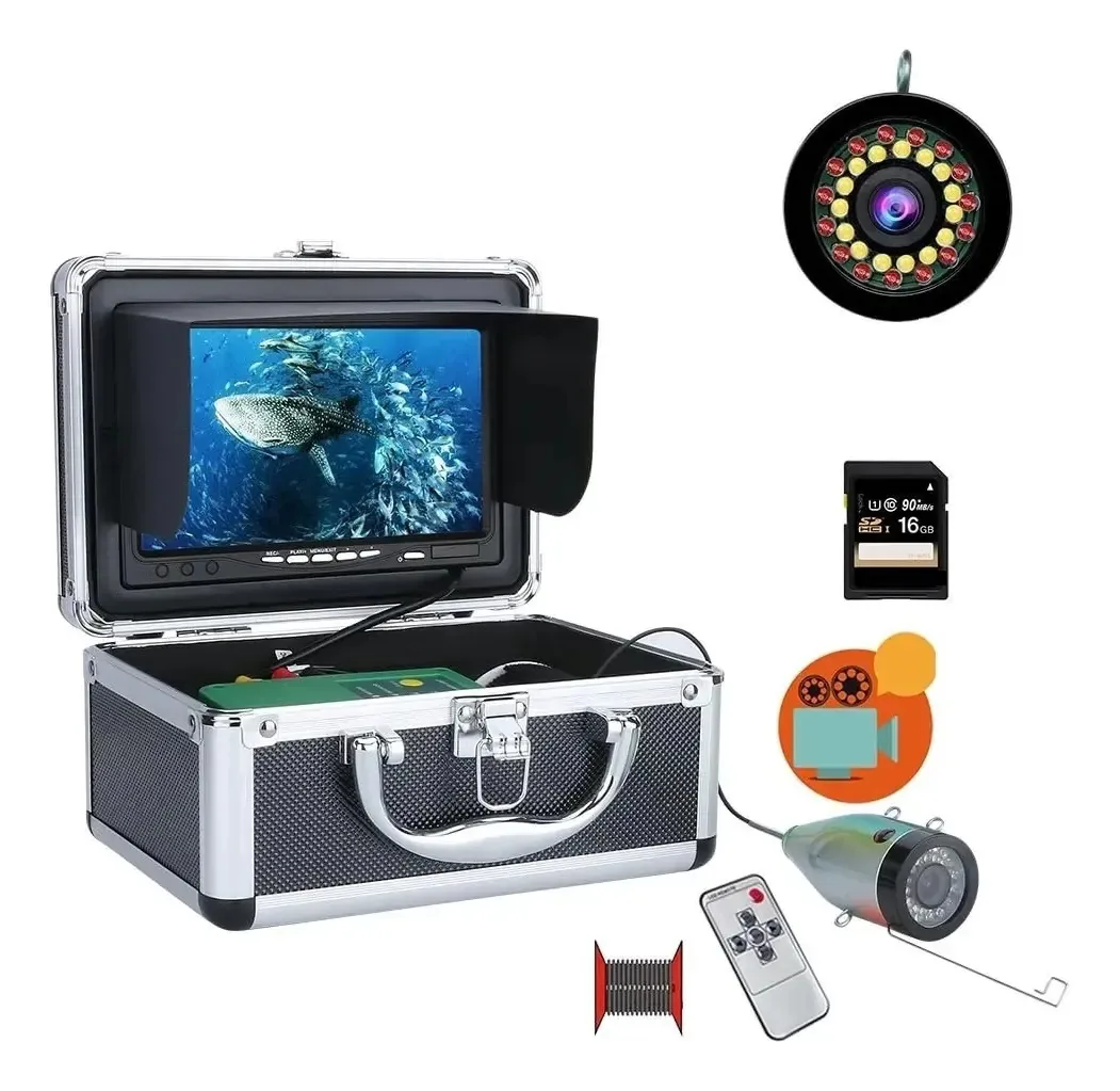 Câmera de pesca subaquática, câmera de pesca subaquática DVR Fish Finder Câmeras de pesca subaquática, tela HD de 7 polegadas, 30 unidades, cartão LED AHD 1080p 16g para pesca no gelo no inverno...