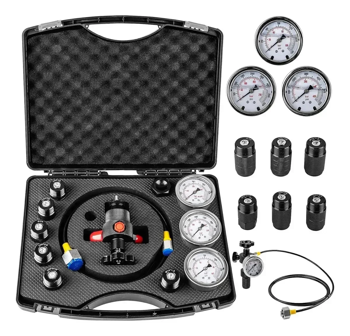 Kit de carregamento e teste de nitrogênio para acumuladores hidráulicos gerais, 3 medidores de pressão de até 6000 Psi, 7 adaptadores intercambiáveis