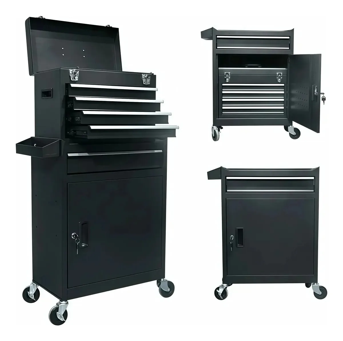 Gabinete Y Carro De Herramientas 2 em 1 Desmontable Metal Con Ruedas 5 Cajones 150 kg Cerradura Seguridad Guías Bolas Taller Garaje Hogar Negro