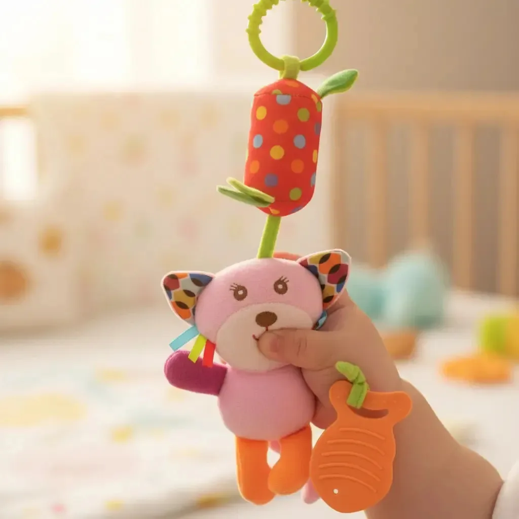Chocalhos para bebês, chocalhos estimulantes, brinquedos para bebês, design de tigre rosa
