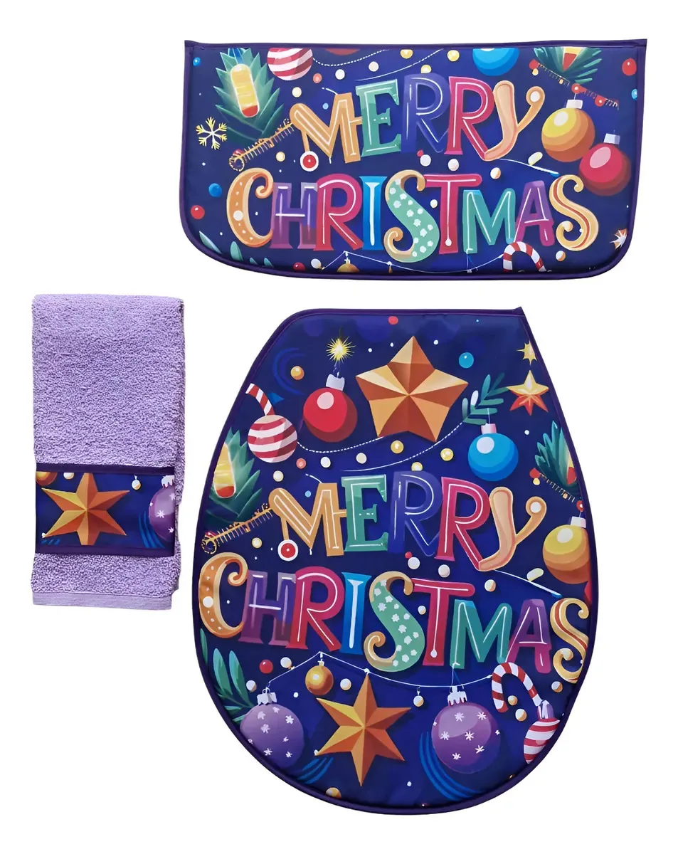 Conjunto de banheiro de Natal. Estampas, 3 peças coloridas, Feliz Natal