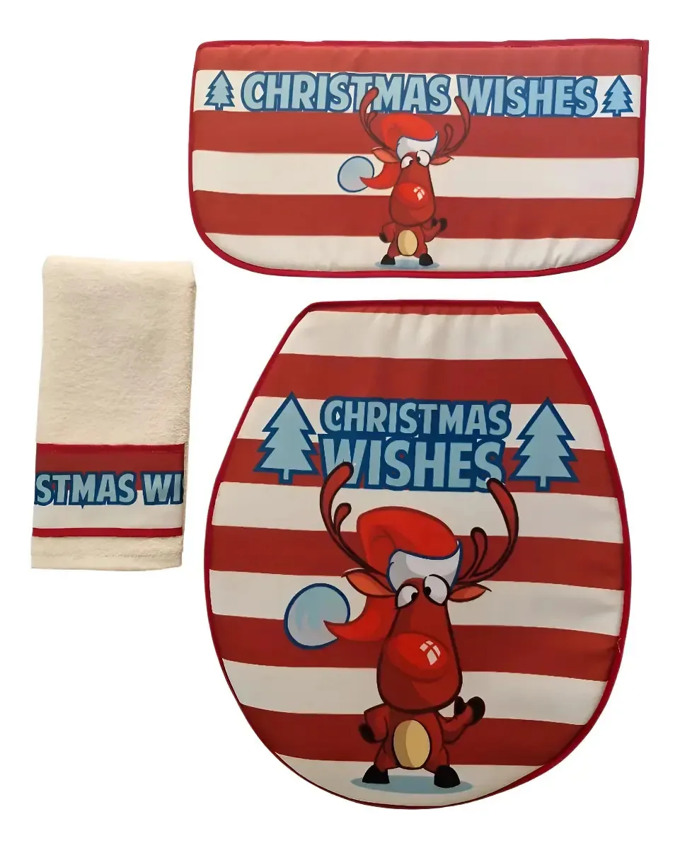Conjunto de banheiro de Natal. Estampas, 3 peças, cor: Rodolfo