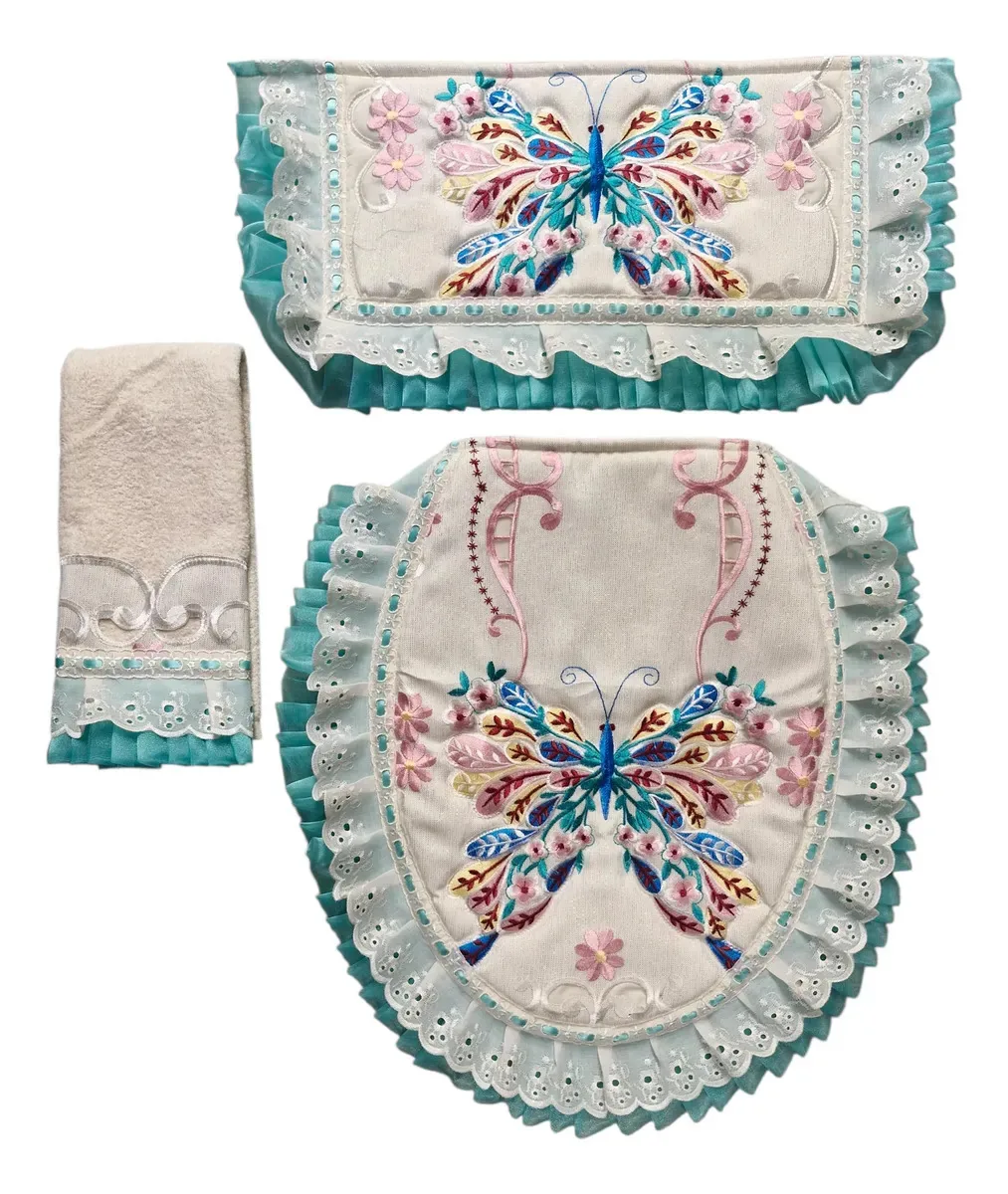 Conjunto de banheiro bordado com menta de 3 peças Decore Bonito