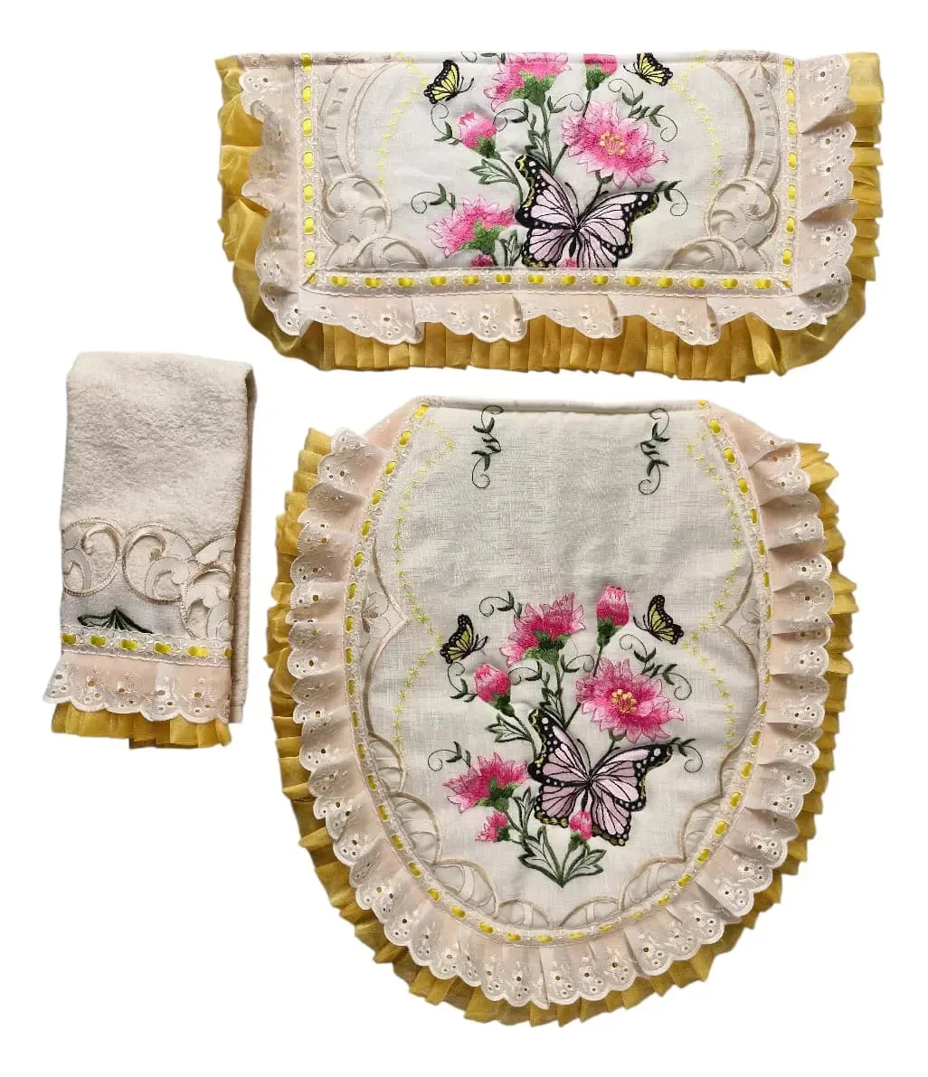 Conjunto de banheiro bordado amarelo de 3 peças Decore Bonito