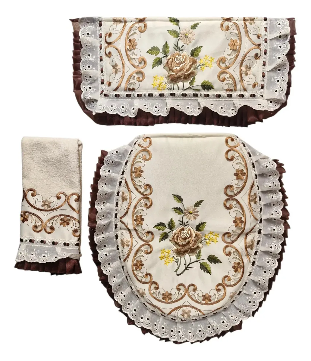 Conjunto de banheiro bordado de chocolate Decore Bonito de 3 peças
