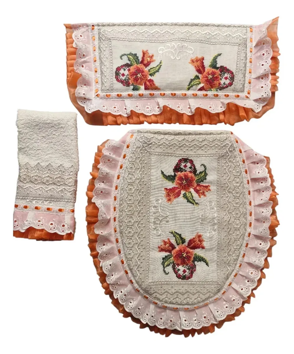Conjunto de banheiro bordado laranja de 3 peças Decore Bonito