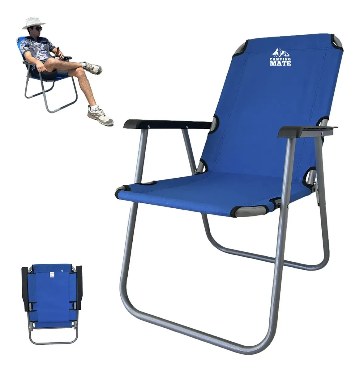 Cadeira dobrável Camping Mate para acampar na praia e ao ar livre, banco portátil com apoios de braços, ergonômica, impermeável e reforçada.