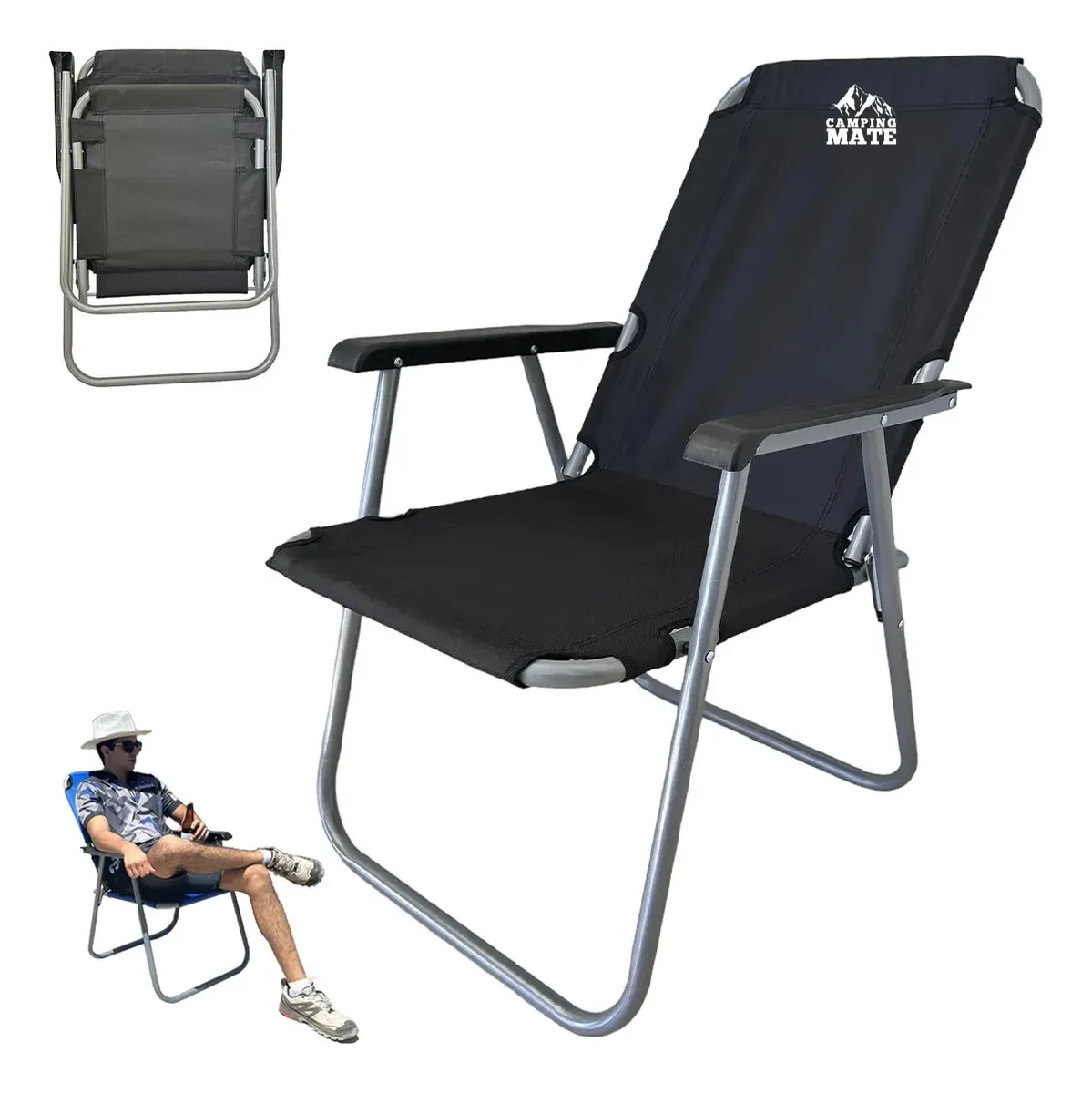 Cadeira dobrável Camping Mate para acampar na praia e ao ar livre, banco portátil com apoios de braços, ergonômica, impermeável e reforçada. (preto)