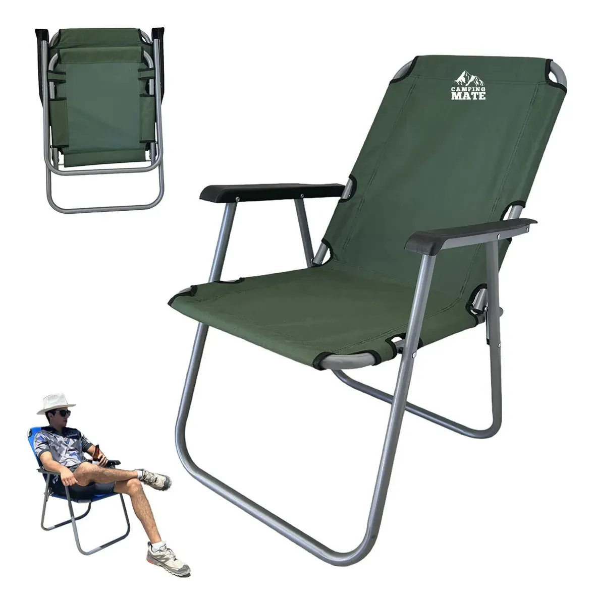 Cadeira dobrável Camping Mate para acampar na praia e ao ar livre, banco portátil com apoios de braços, ergonômica, impermeável e reforçada. (verde)