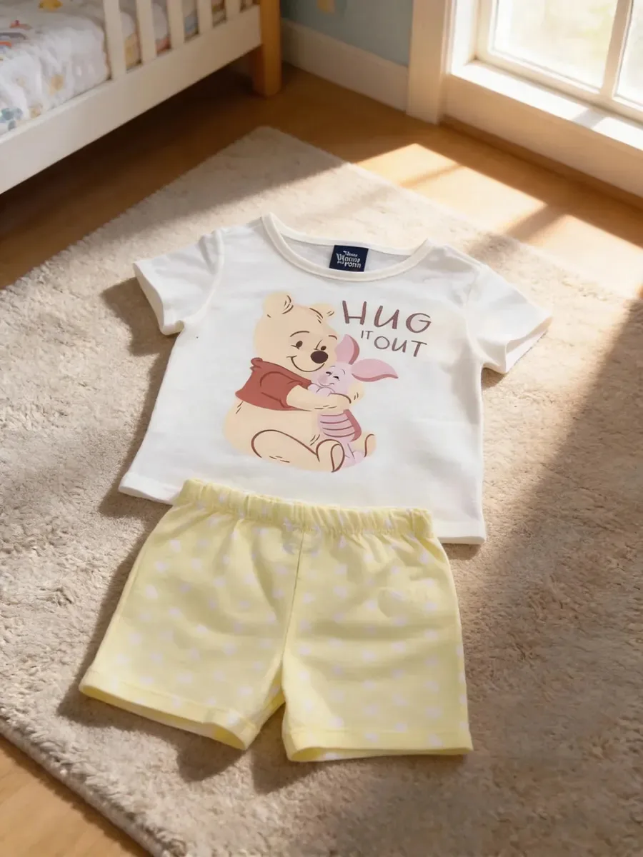 Conjunto de camisetas e shorts Winnie The Pooh | Para bebês branco/amarelo 2