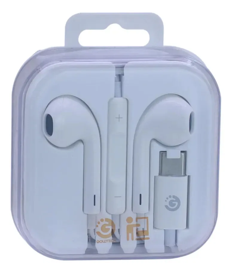 Fones de ouvido Goldtech USB-c com microfone viva-voz brancos