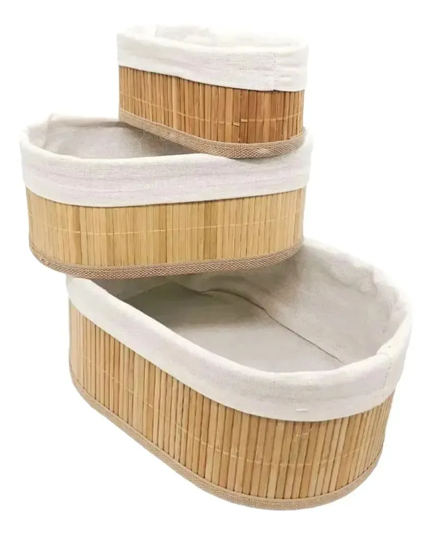 Conjunto de cestas de 3 caixas organizadoras ovais de bambu