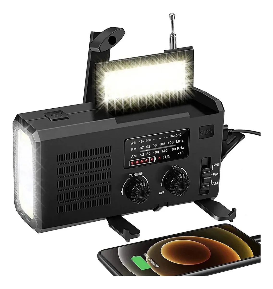 Rádio de emergência Rádio meteorológico solar Crank com rádio Am/Fm/Sw1-4 Tf/Aux/Usb Play, lanterna LED, lâmpada de leitura, alarme SOS, carregador de celular, ideal para emergentes