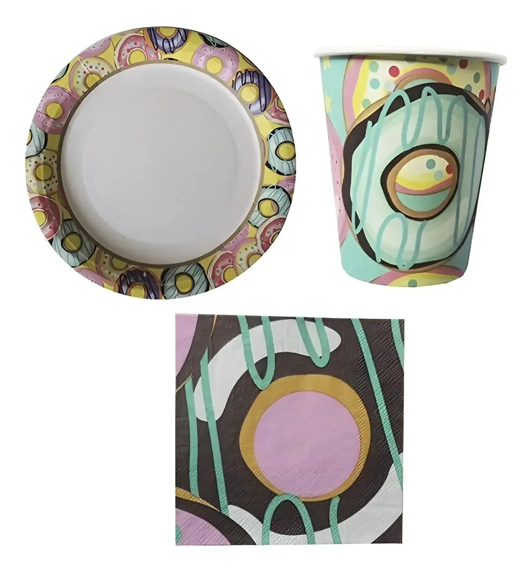 Kit de festa com copos, pratos e guardanapos de plástico gratuitos Color Donut Party