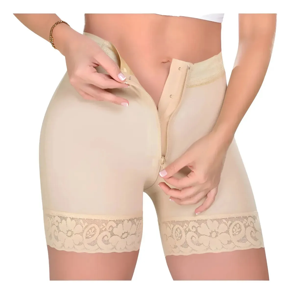 Cintas colombianas curtas Levanta Gluteo Myd, fecho frontal, bege, tamanho XS
