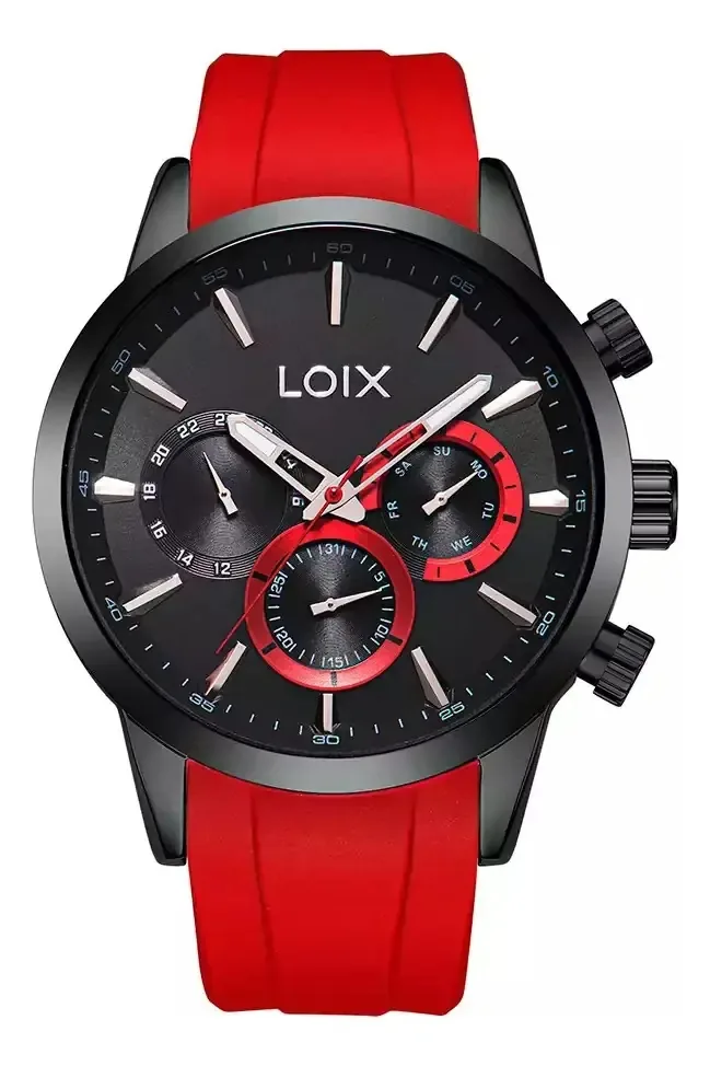 Relógio masculino autêntico silicone vermelho preto quartzo analógico multifuncional durável calendário esportivo estojo esportivo de aço escuro pulseira cronógrafa masculina com mostrador grande...