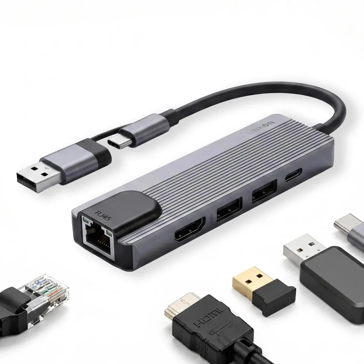 Adaptador Ethernet Linkon Usb Hub Rj45 100 Mbps 5 em 2 entradas USB e USB-c - cor de alumínio