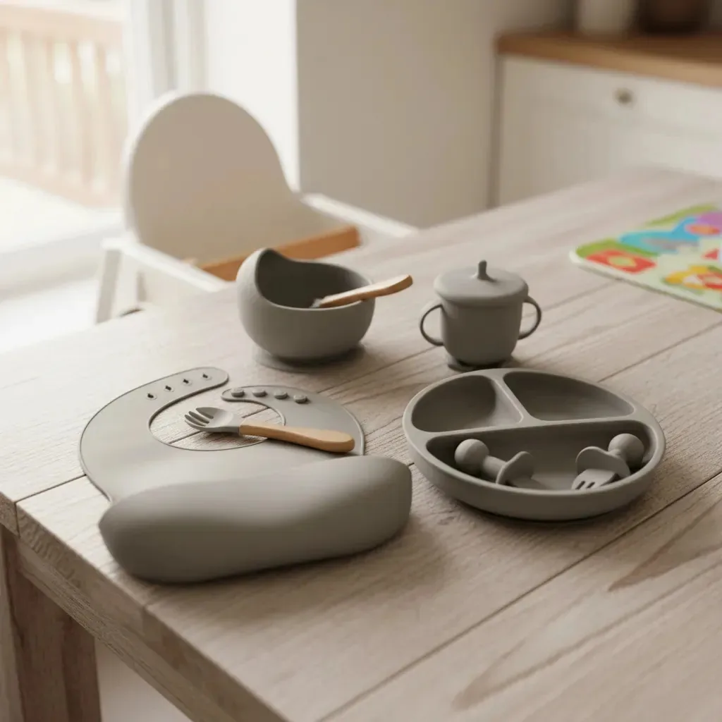 Conjunto de babador e coletor de alimentação para bebês de silicone verde