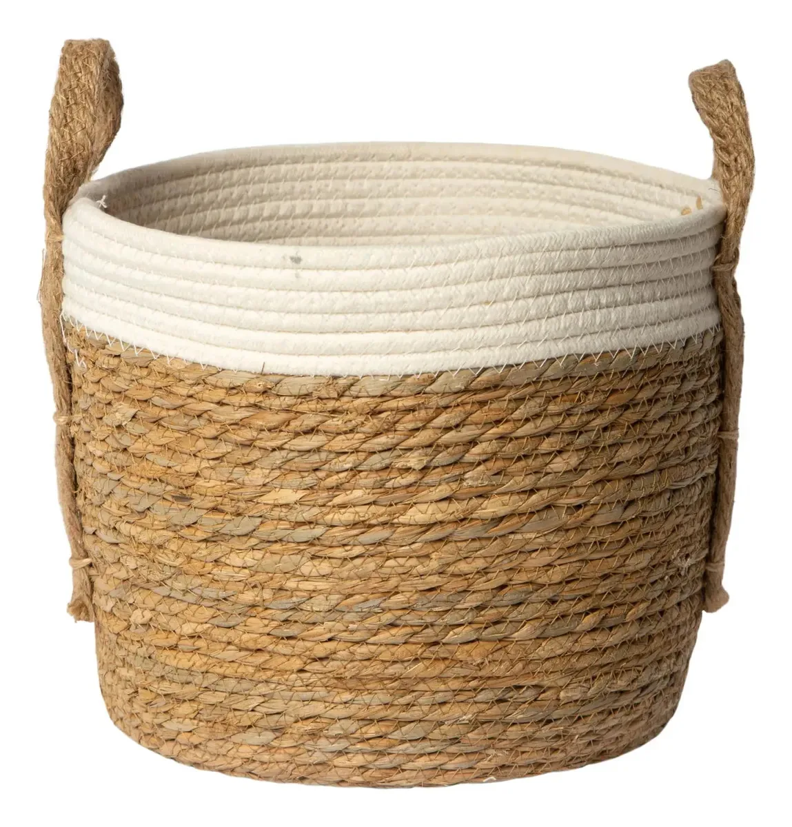 Cesta de algas marinhas com alças da Porto Boutique, clássica, requintada, versátil e elegante, charme costeiro, armazenamento natural e solução de decoração sutil tecida em um tom elegante e cremoso