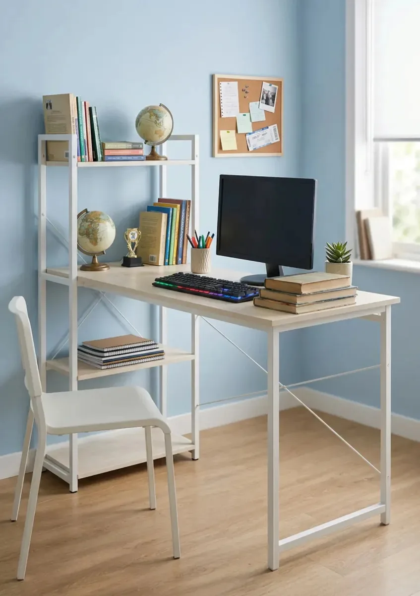 Mesa de aço MDF branco com prateleiras Escritório doméstico/estúdio/escritório/trabalho moderno Mesa de estudo multifuncional prática e durável