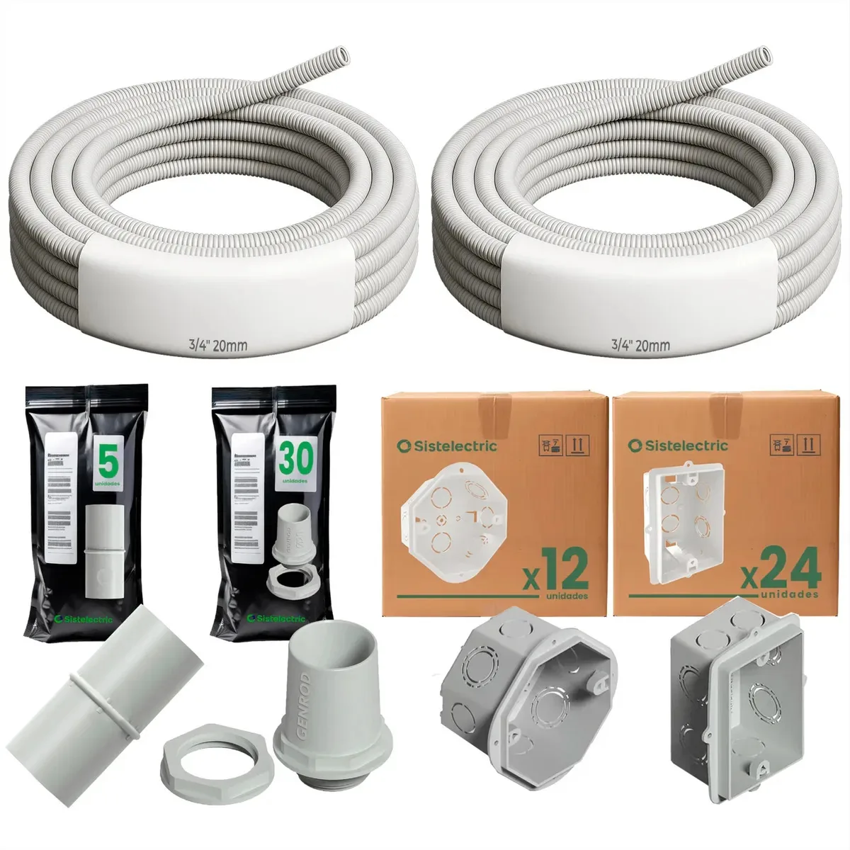 Kit Genrod Electric Inst Kit 3/4 de tubo corrugado e caixas embutidas