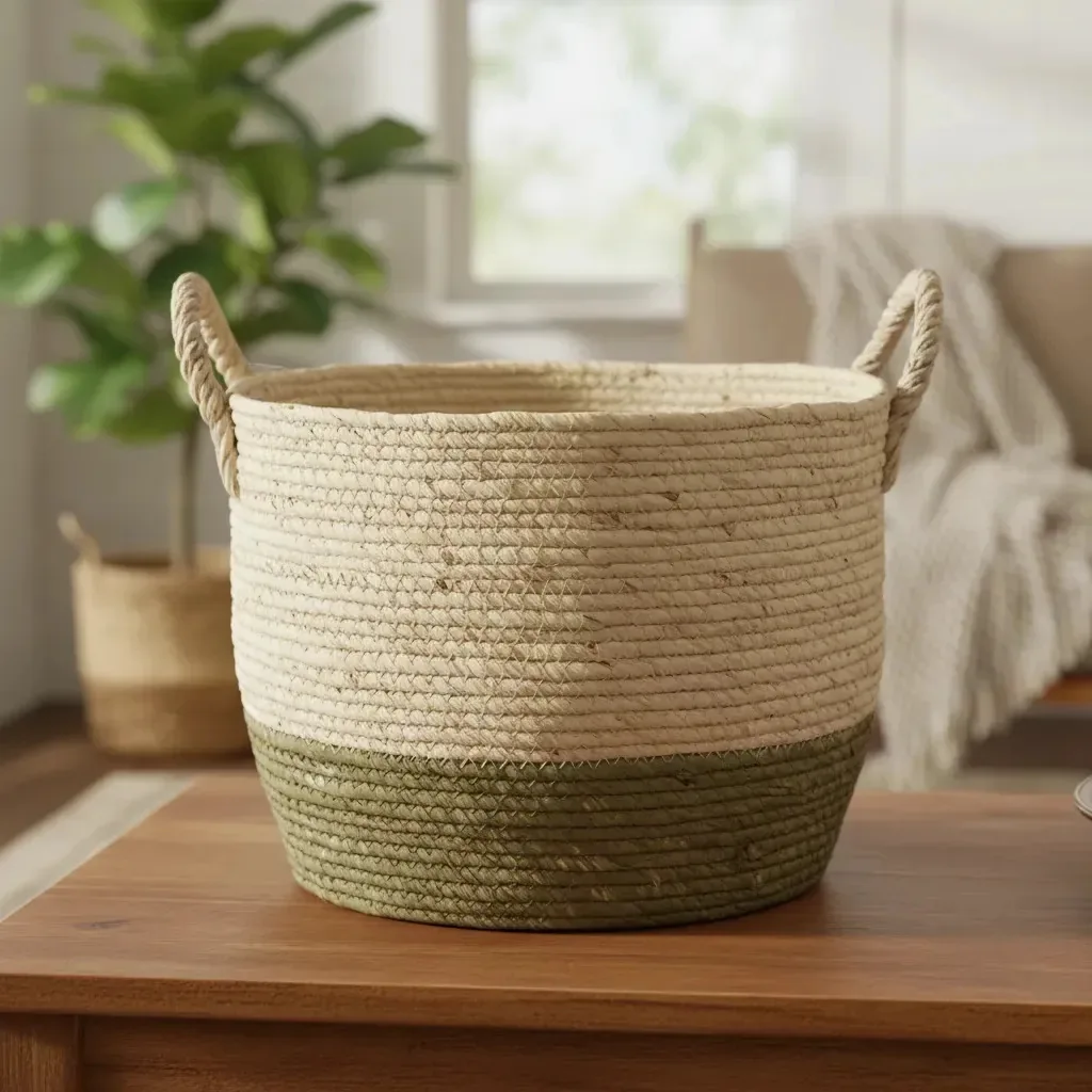 Cesto Decorativo Em Fibra Natural Trançada Com Alça Grande Cesto Fibra Natural E Verde