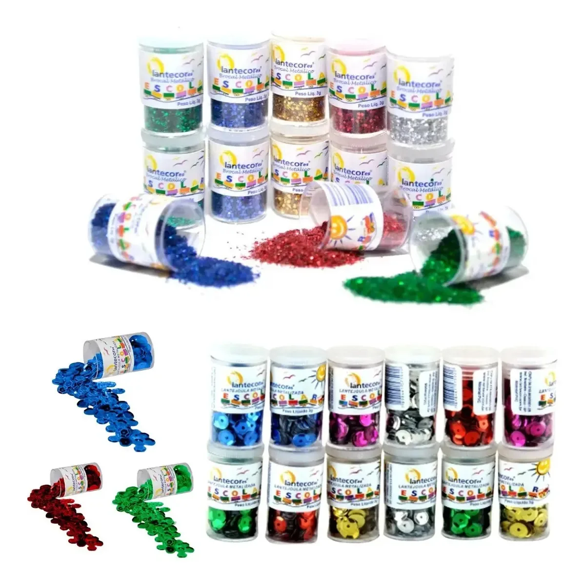 Kit 12 Potes Glitter Metálico 3g + 12 Potes Lantejoulas 6mm