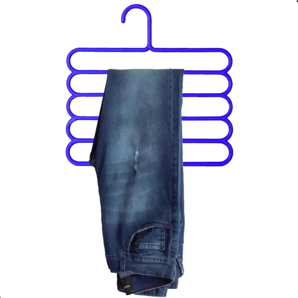 Kit 10 Cabides Organizador 5 Divisorias Calças Roupas Calças Cor Azul