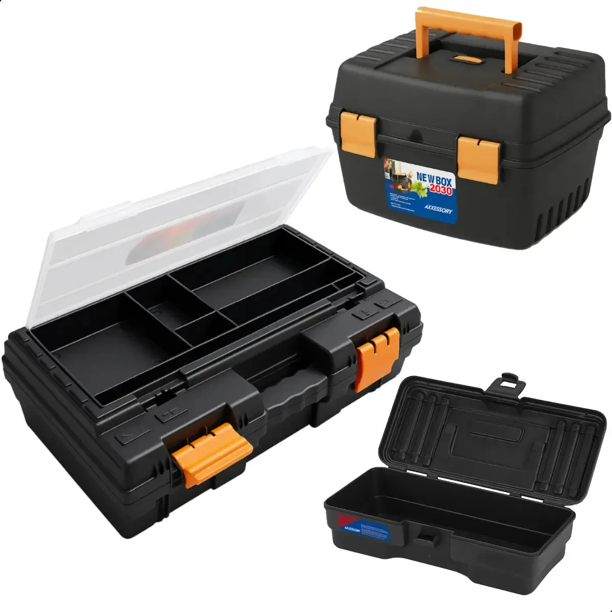 Kit Com 3 Maletas Organizadoras de Ferramentas Axxessory, Plástico Preto, Com Alça